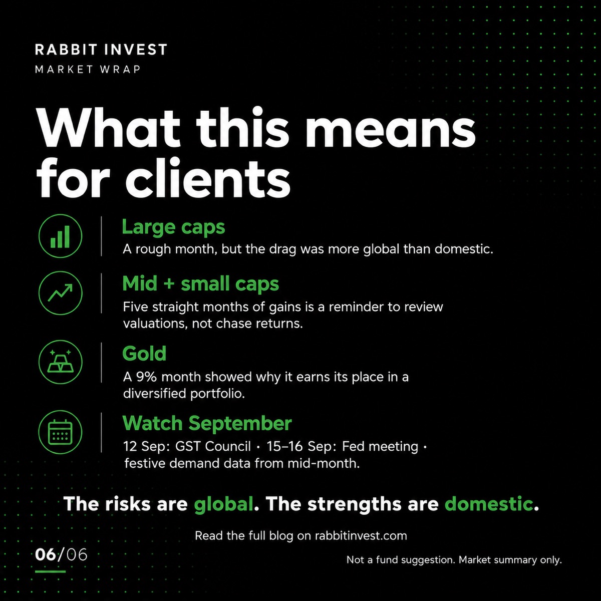 What this means for clients: large caps, mid and small caps, gold, and September dates