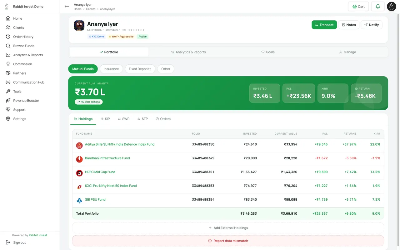 Client portfolio with holdings, XIRR and returns
