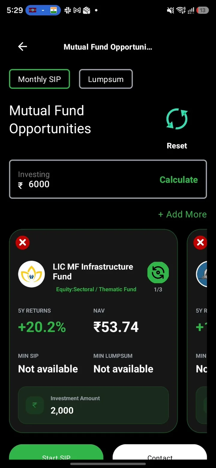Mutual Fund Opportunities in the client app, with Start SIP one tap away