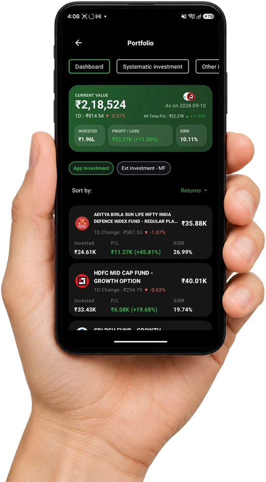 The same portfolio in the client app, on a phone in hand